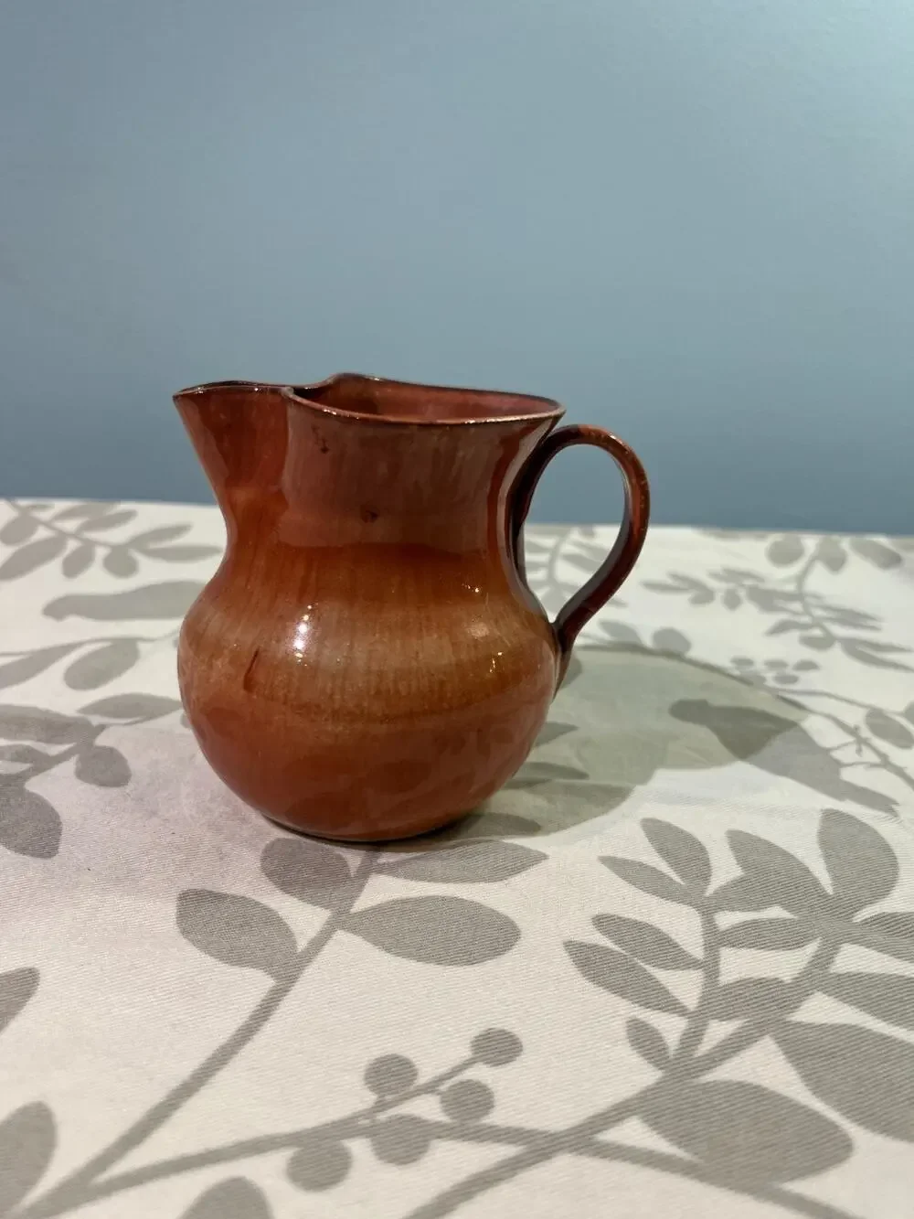 Hand Thrown Studio Pottery Creamer Brown Flambe Glaze Pitcher Signed 1986